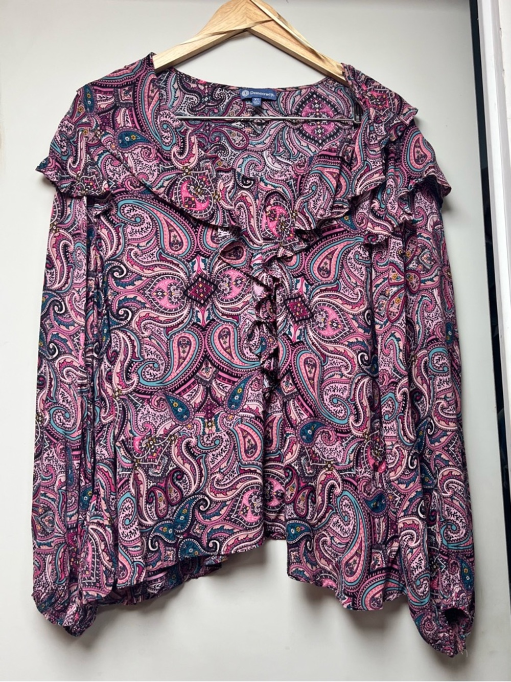 Democracy Pink Paisley Ruffle-Tie Blouse with Teal Accents